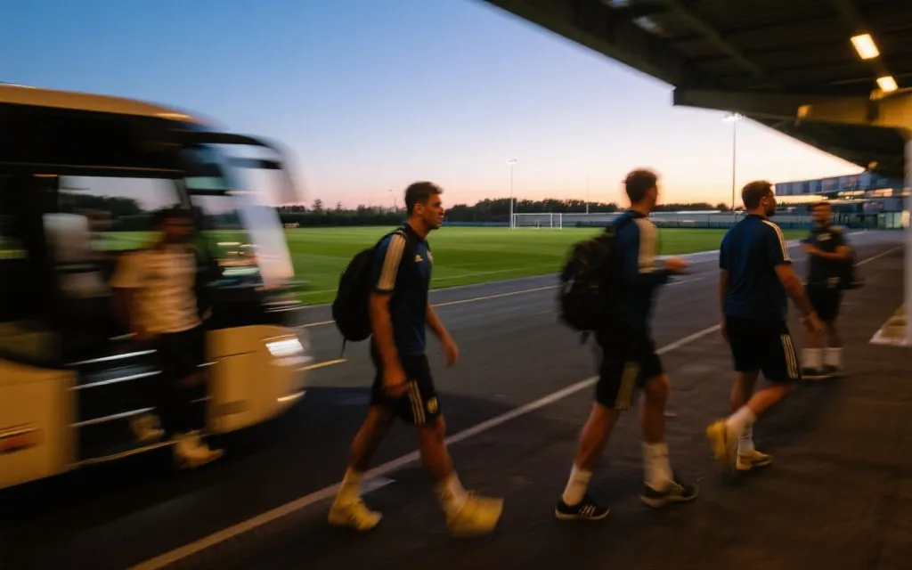 世界杯客队在机场与训练场之间奔波的纪实感画面，体现旅途与恢复